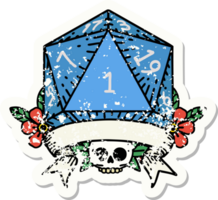 grunge sticker of a natural one d20 dice roll png