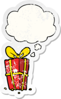 dessin animé Noël présent avec pensée bulle comme une affligé usé autocollant png