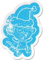 quirky cartoon distressed sticker of a surprised monkey wearing santa hat png