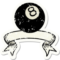 worn old sticker with banner of 8 ball png