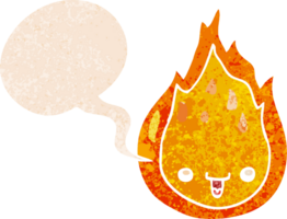 dessin animé flamme avec discours bulle dans grunge affligé rétro texturé style png