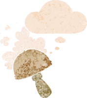 cartoon mushroom with spore cloud with thought bubble in grunge distressed retro textured style png