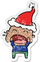 hand drawn distressed sticker cartoon of a shouting bald man wearing santa hat png