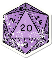 grunge sticker of a natural 20 D20 dice roll png