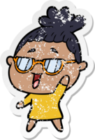 distressed sticker of a cartoon happy woman wearing spectacles png