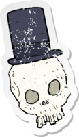 retro distressed sticker of a cartoon skull wearing top hat png