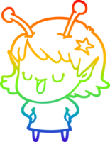 rainbow gradient line drawing of a happy alien girl cartoon png