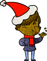 main tiré texturé dessin animé de une femme en pensant portant Père Noël chapeau png