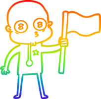 rainbow gradient line drawing of a cartoon weird bald spaceman with flag png