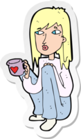 sticker of a cartoon woman sitting with cup of coffee png