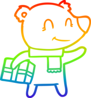 rainbow gradient line drawing of a friendly bear with xmas gift and scarf png