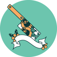 tattoo style icon with banner of a cleaver and flowers png