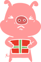 flat color style cartoon angry pig with christmas present png