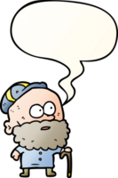 vecchio cartone animato uomo con a piedi bastone e piatto berretto con discorso bolla nel liscio pendenza stile png