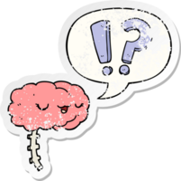 cartoon curious brain with speech bubble distressed distressed old sticker png