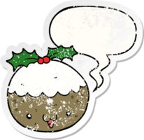 cute cartoon christmas pudding with speech bubble distressed distressed old sticker png