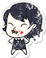 distressed sticker of a cartoon vampire girl with blood on cheek png