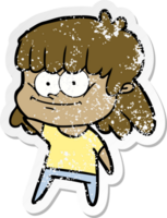 distressed sticker of a cartoon girl smiling png