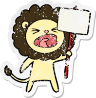 distressed sticker of a cartoon lion with protest sign png