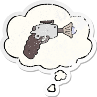 cartoon ray gun with thought bubble as a distressed worn sticker png