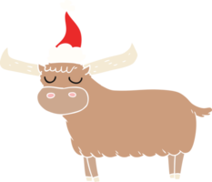 Hand gezeichnet eben Farbe Illustration von ein Stier tragen Santa Hut png