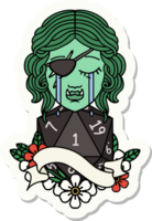 sticker of a crying orc rogue character face with natural one d20 dice roll png