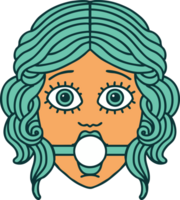 iconic tattoo style image of female face wearing a ball gag png