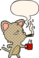 cartoon serious business cat with coffee and cigar with speech bubble in comic book style png