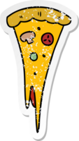 hand- getrokken verontrust sticker tekenfilm tekening van een plak van pizza png