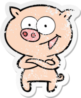 distressed sticker of a cheerful pig cartoon png