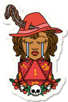 sticker of a crying human bard with natural one D20 dice roll png