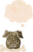 cartoon dog with bone with thought bubble in grunge distressed retro textured style png