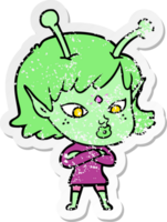 pegatina angustiada de una linda chica alienígena de dibujos animados png