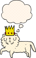 dessin animé chat portant couronne avec pensée bulle dans bande dessinée livre style png