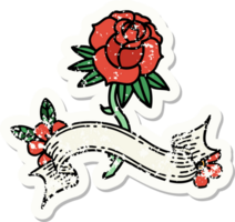 vieil autocollant usé avec la bannière d'une rose png