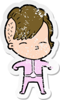 distressed sticker of a cartoon girl wearing futuristic clothes png