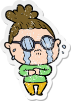 distressed sticker of a cartoon crying woman wearing spectacles png