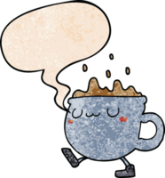 cartoon coffee cup walking with speech bubble in retro texture style png