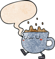 desenho animado café copo caminhando com discurso bolha dentro retro textura estilo png