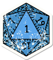 grunge sticker of a natural 1 D20 dice roll png