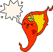 cartoon flaming hot chili pepper with speech bubble in comic book style png