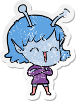 distressed sticker of a cartoon happy alien girl png