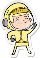 distressed sticker of a happy cartoon astronaut png