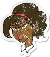 retro distressed sticker of a cartoon pretty woman png