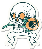 worn old sticker with banner of a skull and rose png