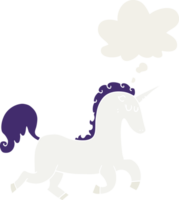 cartoon unicorn with thought bubble in retro style png