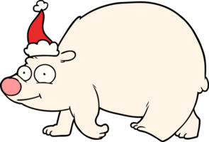 hand drawn line drawing of a walking polar bear wearing santa hat png