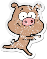 distressed sticker of a happy cartoon pig png