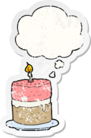cartoon cake with thought bubble as a distressed worn sticker png
