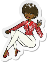 retro distressed sticker of a cartoon businesswoman sitting png